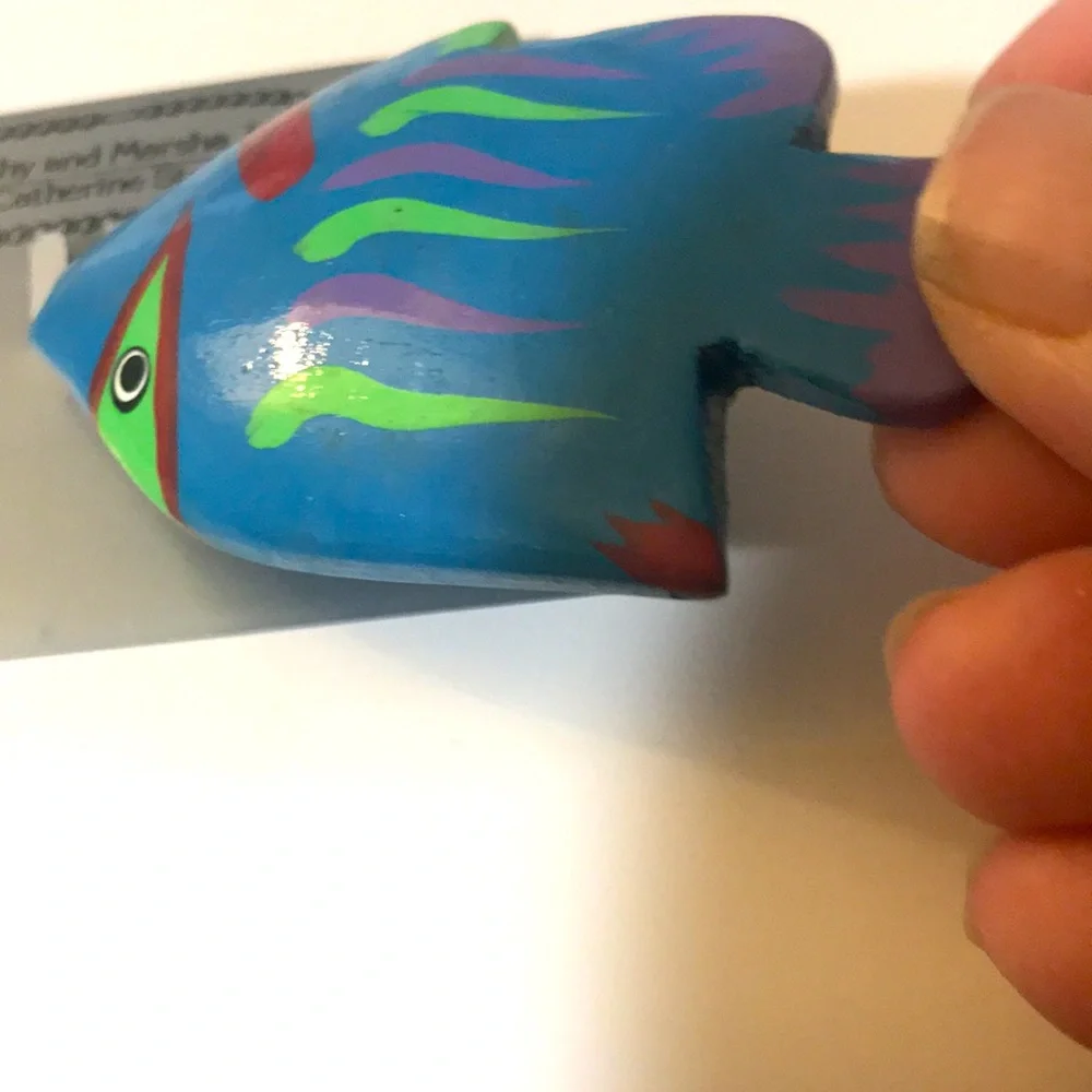 Vintage Cathy and Marsha blue wooden fish brooch boho summer beach
